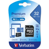 verbatim premium microsdhc memory card with adapter uhs-i v10 u1 class 10 32gb