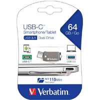 verbatim usb-c smartphone tablet dual flash drive usb 64gb grey