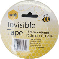 marbig invisible tape 18mm x 66m 76.2mm core
