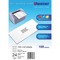 unistat 38933 multi-purpose labels 24up 70 x 36mm white pack 100