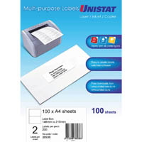 unistat 38938 multi-purpose label 2up 148 x 210mm white pack 100