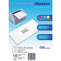 unistat 38942 multi-purpose label 16up 99 x 34mm white pack 100