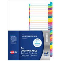 avery 922007 l7411-26 customisable table of contents coloured dividers a-z tabs a4