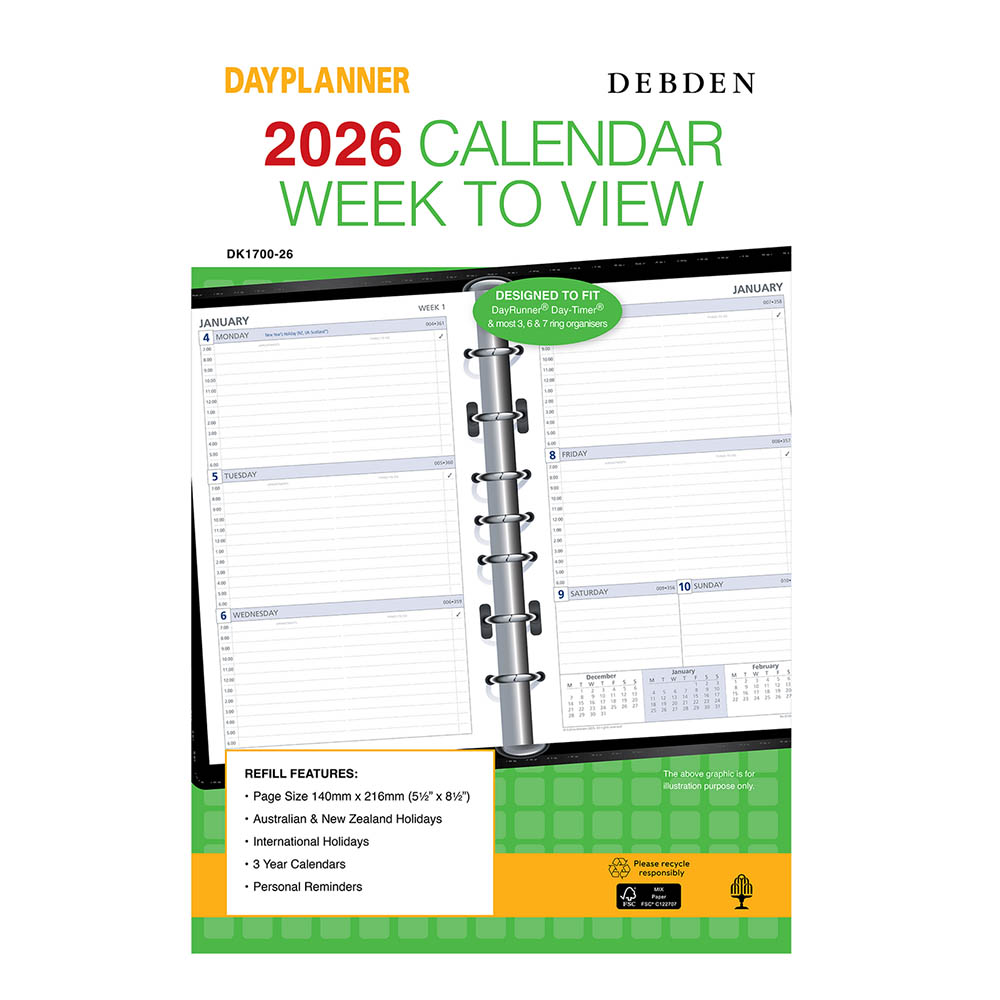 DEBDEN DAYPLANNER DK1700 DESK EDITION REFILL WEEK TO VIEW 216 X 140MM WHITE |  | 7012632