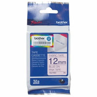 brother tze-fae3 fabric tape 12mm x 3m blue on pink