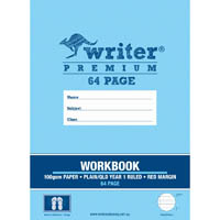 writer premium workbook qld ruling year 1 plain / ruled 24mm 100gsm 64 page 330 x 240mm thongs