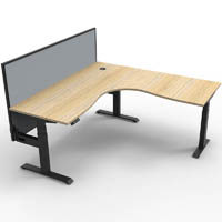 rapidline boost plus height adjustable corner workstation with screen 1500 x 1500 x 750mm natural oak top / black frame / grey
