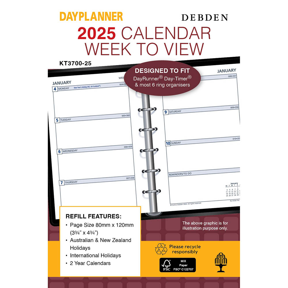 DEBDEN DAYPLANNER KT3700 PERSONAL EDITION POCKET REFILL WEEK TO VIEW 120 X 80MM |  | 7036837