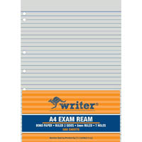 writer exam paper 60gsm 8mm ruled + margin 7 hole punch a4 white 500 sheets