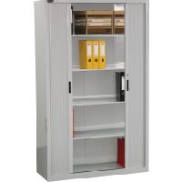 steelco tambour door cabinet 3 shelves 1320h x 1200w x 463d mm silver grey