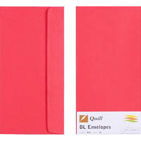 quill dl coloured envelopes plainface strip seal 80gsm 110 x 220mm red pack 25