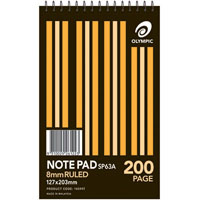 olympic sp63a notepad spiral bound 8mm ruled 200 page 127 x 203mm white pack 10