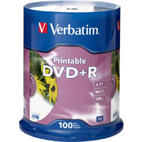 verbatim dvd+r 4.7gb 16x printable spindle white pack 100